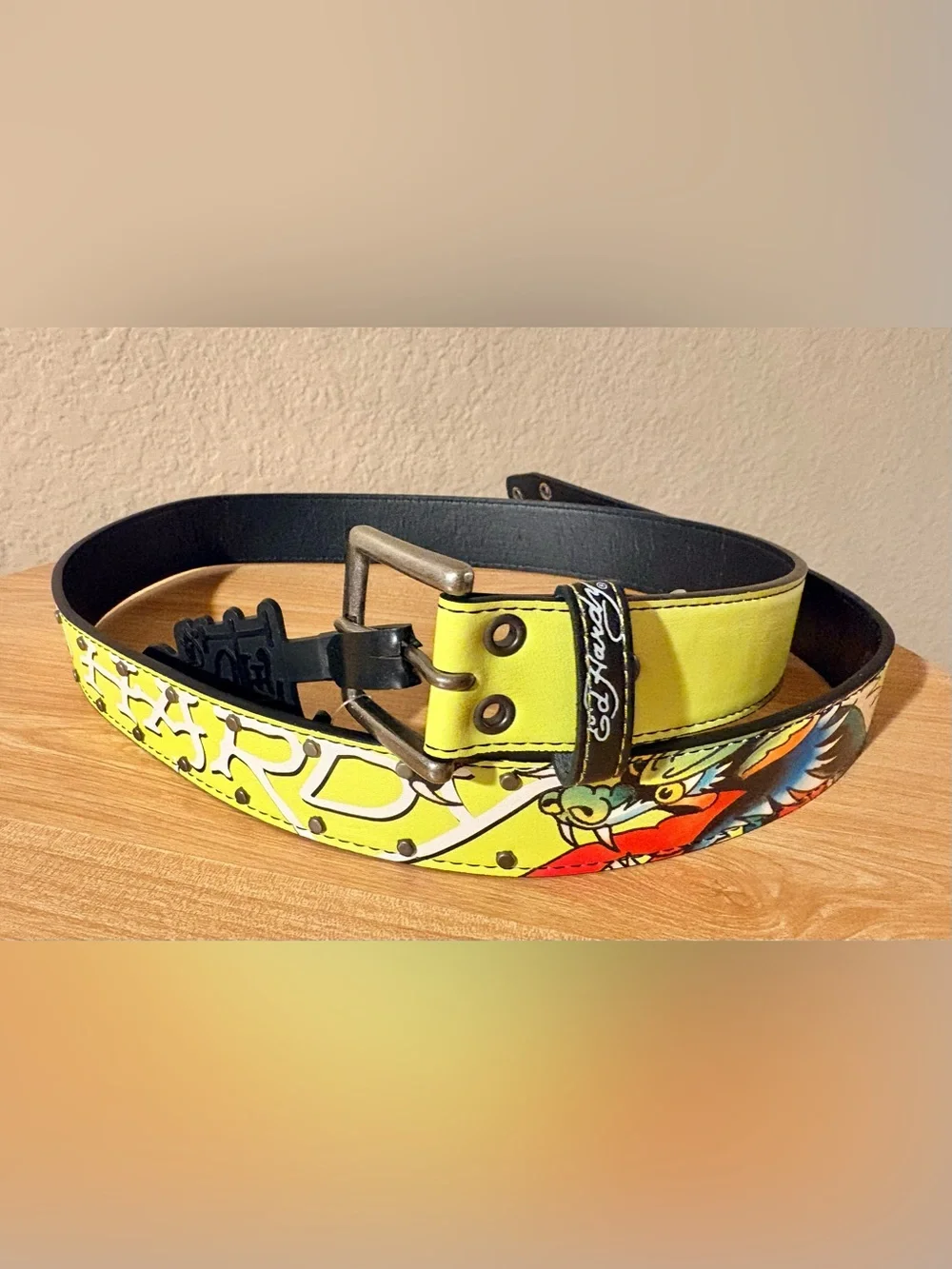Ed Hardy Dragon Belt Neon Yellow Studded Grommet Faux Leather Men’s Y2K NWT